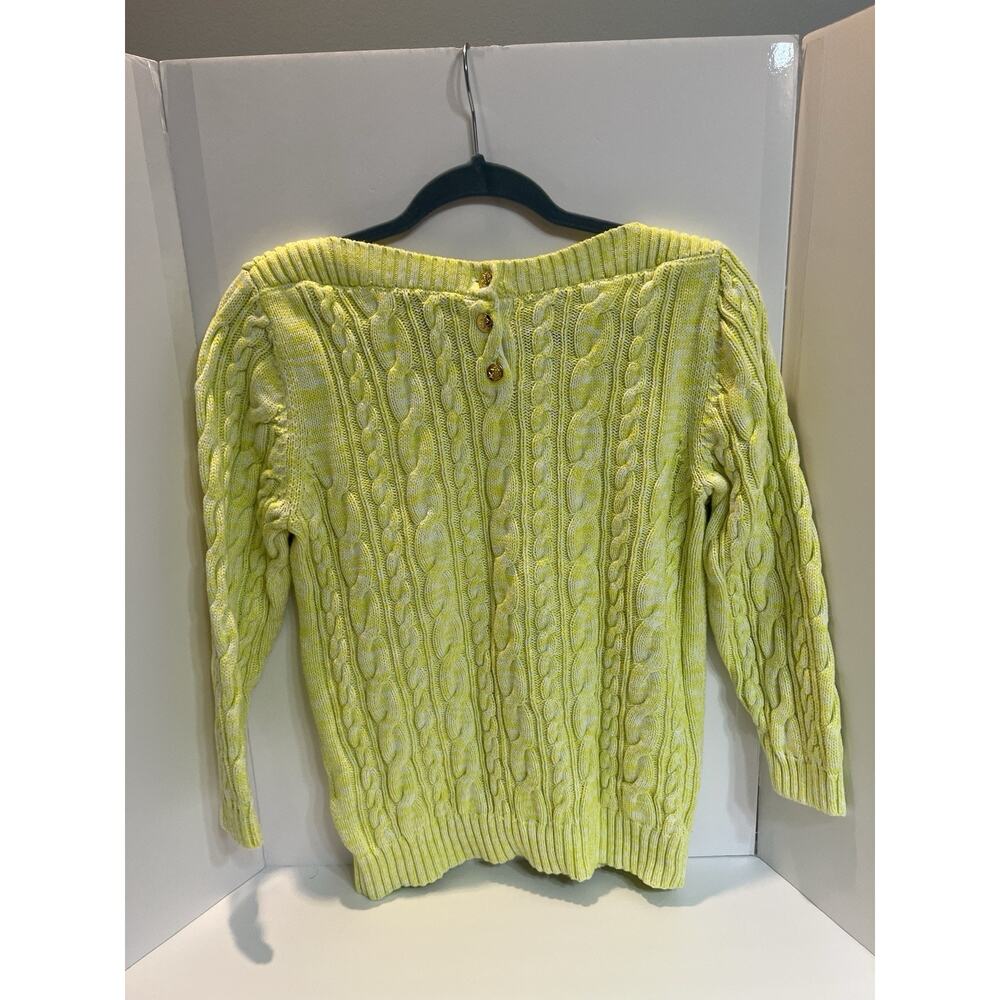 Lands End Yellow Cable Knit Sweater Boat Neck Anchor Button Back Womens Medium